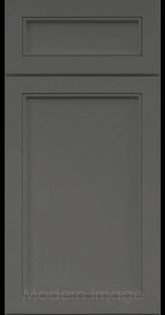 Alpine Slim Cabinet Door a narrow Stile & Rail Surrounding a flat center panel in a Gun Metal Custom Paint